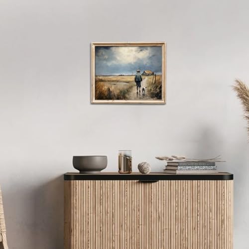 uniro Vintage Fall Landscape Wall Art Boy and Puppy Walking on a Country Lane Retro Autumn Nature Painting Rustic Farmhouse Scenery Prints for Bedroom Bathroom Kitchen Room Decor - 8x10 Unframed - Image 5
