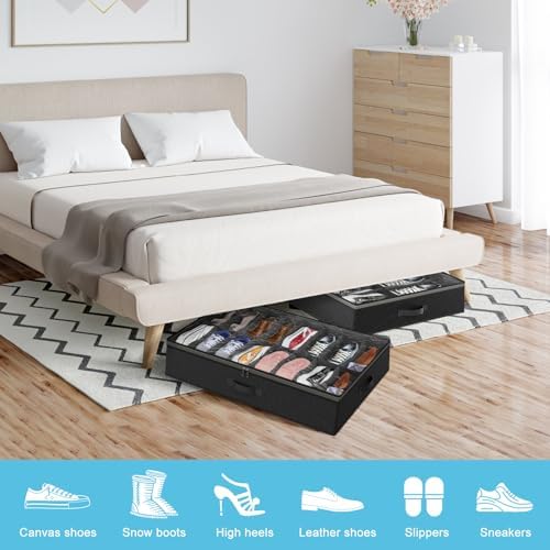 Under Bed Shoe Storage Organizer for Closet, 32 Pairs Sturdy Underbed Shoe Storage Boxes Bins Container Foldable Shoes Storage with Reinforced Handles & Clear Window for College Dorms Black, Set of 2 - Image 2