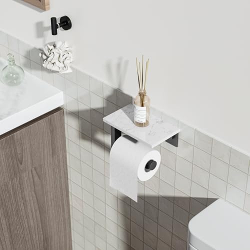 Matte Black Toilet Paper Holder with Marble Shelf Tissue Roll Holder - Image 2