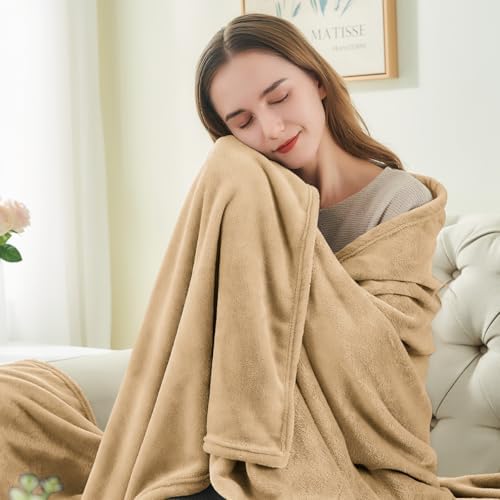 BEDELITE Fleece Blanket Soft Plush Queen Bed Blanket Light Camel 90"x90" - Image 4