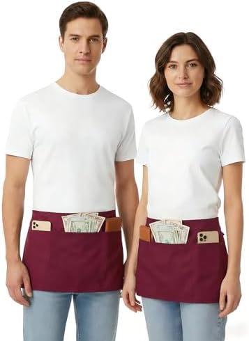 BOHARERS Waist Apron with 3 Pockets - Red Waitress Waiter Server Short Apron - Image 4