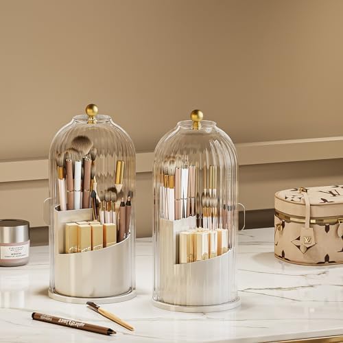 Dustproof Toothbrush Holder with Lid, 360 Rotating Countertop Electric Toothbrush Toothpaste Holders with Cover for Bathroom, 3 Slots Makeup Brush Holder with Lid for Vanity, White-Clear - Image 7