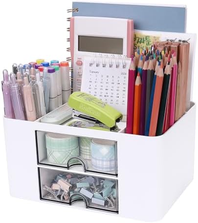 Meiikun Plastic Pen Organizer, Multifunctional Desk Organizer with 2 Drawers, 4 Compartments & a Top Tray, Pencil Holder Desktop Organizers and Accessories for Office, 7.7" x 5.5" x 3.9" (White) by Meiikun