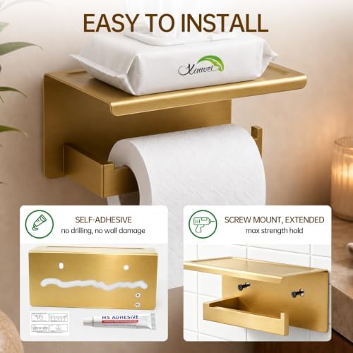 Wall Mounted Toilet Paper Holder with Shelf, 1.5mm, Brushed Gold - Image 5