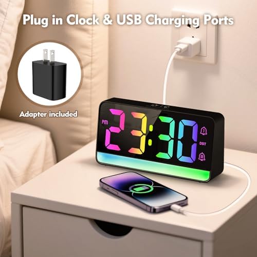 ALANAS Large Display RGB Digital Alarm Clock for Bedrooms, Dynamic Color Night Lights, Dual Alarms, Snooze, Dimmer/3 Volume, USB Ports, Plug in Clocks for Kids, Teens, Seniors, and Heavy Sleepers - Image 6