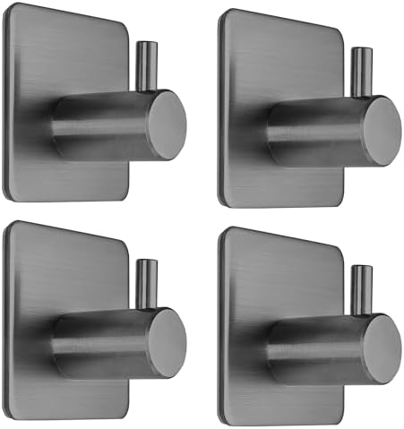 Fotosnow Adhesive Hooks Towel Hanger Wall Hooks for Hanging Coat, Hat,Towel Robe Hook Rack Wall Mount Waterproof Stainless Steel- Bathroom and Bedroom Gray 4-Packs by Fotosnow