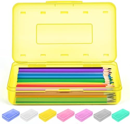 Sooez 1 Pack Clear Pencil Box, Plastic Hard Pencil Case with Stickers, Large Crayon Box with Snap-tight Lid, Stackable Storage Box Art Craft Marker Organizer Box for Kids Boys Back to School, Yellow by Sooez