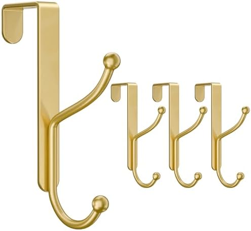 niffgaff Over Door Hook 4-Pack, Heavy Duty Door Hanger, Fits Interior Doors 1.4 Inches Thick, Organize Coats, Hats, Towels, and Bags for Entryways, Bathrooms, Bedrooms, and Kitchens, Gold by niffgaff