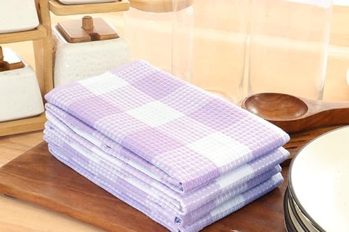 Waffle Weave Plaid Dish Cloth, DishTowel 15x25"Set of 4 - Lavender & White - Image 4