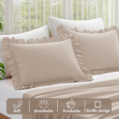 KKJIAF Ruffle Pillow Cases King Size Set of 2, Khaki - Image 4