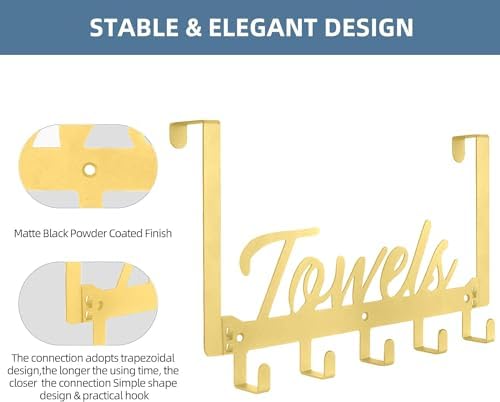 Azmoncy 2 Pack Over The Door Hooks, Towel Rack for Bathroom Towel Holder for Hanging Heavy Duty, Wall Mount Towel Hanger with 10 Hooks for Bedroom Bathroom Kitchen Towels, Bag, Coats(Gold) - Image 3