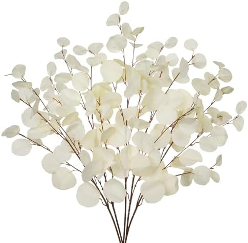 Cream White Eucalyptus Stems Fake Eucalyptu Leaves 34” Long Silver Dollar Leaves 5 Pcs Silk Eucalyptu Stems for DIY Bouquet Arrangements Centerpieces Shower Decorations-Artificial Eucalyptus Spray by DILATATA
