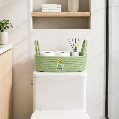 Sage Green Daisy Woven Storage Basket for Toilet Tank Top Boho Floral Cotton Rope Bathroom Countertop Organizer Basket with Handle Bathroom Decor - Image 2