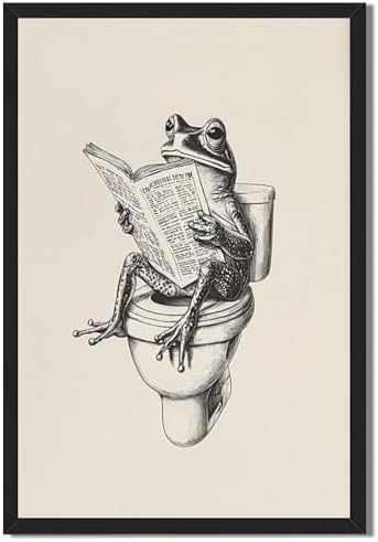 RINMFEO Funny Frog Bathroom Canvas Art Retro Frog on Toilet Reading Newspaper Quirky Wall Decor Playful Animal Poster 16x24inch Black frame by Unknown