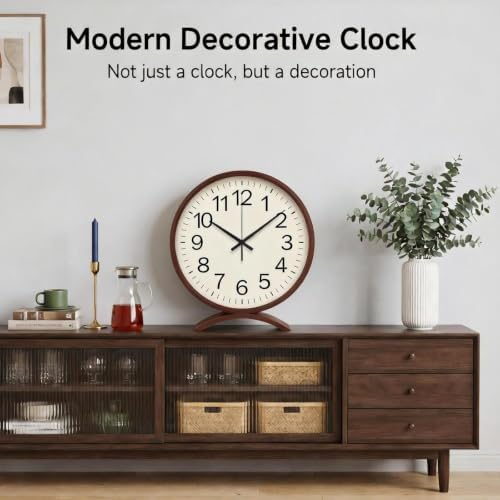Maxspace Table Clock-8 Inch Silent Non-Ticking Wooden Timepiece Desk Clock, Battery Operated Decor Round Clock for Living Room Office Bedroom Decor (Walnut, White Dial, Black Hands) - Image 2
