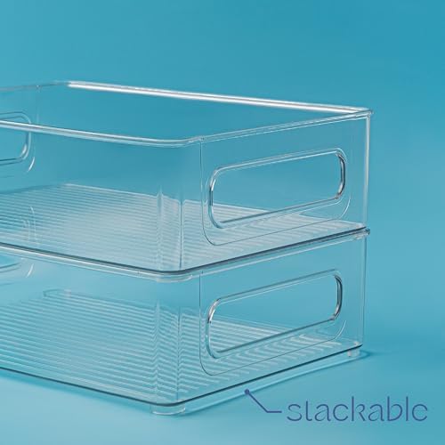 Plastic Food Storage 4 Pack Clear Container Bin with Handles for Organizing Kitchen, Pantry, Refrigerator, Freezer, Pantry, Cabinet, Closet, Bathroom. Stackable 10”x8”x3” - Image 5
