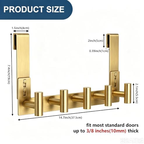 HUFEEOH Over The Door Hooks, 1 Pack Stainless Steel Door Hanger for Towel & Coat, Tool-Free T Shape Bathroom & Dorm Hooks for Hanging (Gold, Fits 3/8" Thick Door - 5 "T“ Hooks) - Image 2