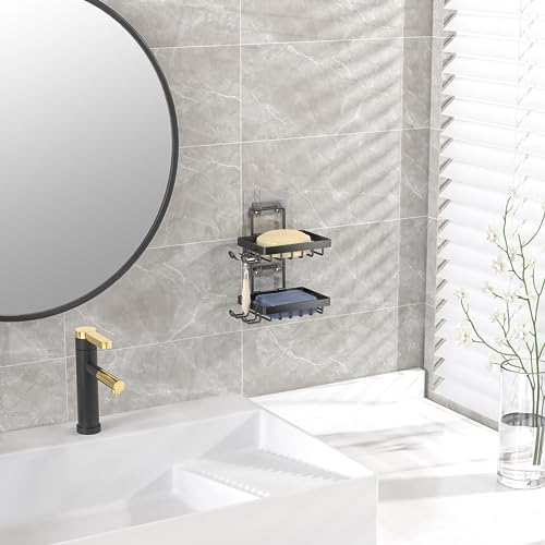 Moforoco Double Soap Bar Holder for Shower, No Drilling, 304 Stainless Steel, Wall Mounted Soap Holder with 4 Hooks and Razor Holder, Shower Rack Soap Tray Bar Soap for Bathroom Accessories Organizer - Image 6