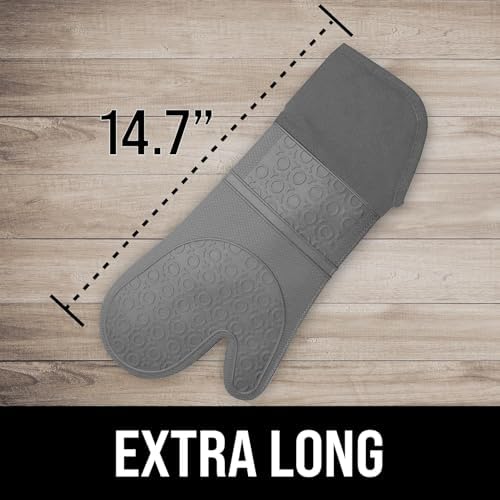 BPA-Free Soft Silicone Oven Mitts - Ultra Heat Resistant Oven Mitts with Thick Cotton Liner - Extra Long Slip Resistant Pot Holders, Flexible Oven Gloves - Gray 14.7" - Image 3