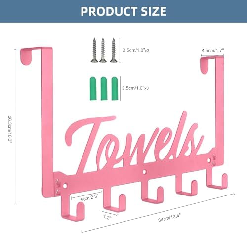 Azmoncy Over The Door Hooks, Towel Rack for Bathroom Towel Holder for Hanging Heavy Duty, Over Door Hanger with 5 Coat Hooks for Bedroom Bathroom Kitchen Towels, Pink - Image 2