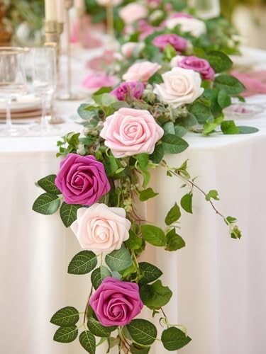 InnoGear Artificial Flowers, 50 Pcs Fuchsia Rose Foam Red-Violet Fake Roses Bulk with Stems for Decoration DIY Wedding Bouquets Centerpieces Bridal Shower Party Christmas Tree - Image 3