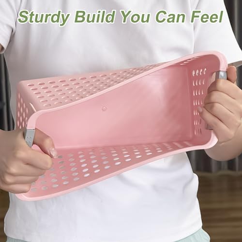 Soddeph 4 Pack Slim Plastic Storage Basket with Handles, Rectangular Storage Bins for Shelves,Narrow Organizer box for Organizing, Kitchen,Home,Office(Pink, Small) - Image 3