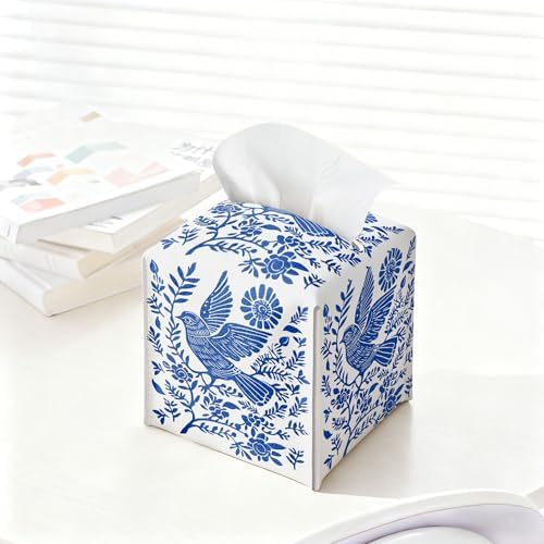 Blue Tissue Box Holder, Scandinavian Boho Bird Leather Tissue Box Cover Square, Paper Napkins Everyday Dispenser for Bathroom Vanity Countertop Night Stands Kitchen Office Car Home Decor - Image 4