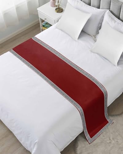 Greek Geometric Inspired Twist Line Bed Runners for Bedroom Hotel,Decorative Bedding Scarf Abstract Key Pattern on Red Bed End Blanket Bedding Runner Scarves for King Size Bed,102x20in - Image 2
