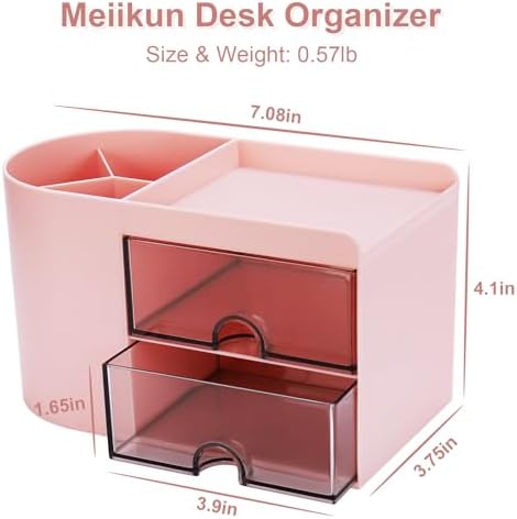 Meiikun Desk Organizer with Drawer, Pen Organizer for Desk, Small Pencil Holder, Desk Organizers and Accessories for Office Home Storage (2 Drawers+4 Compartments, Pink) - Image 2