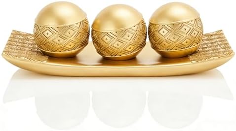 Gold Decorative Orbs with Tray Set, 3Pcs Resin Decorative Balls with Tray, Modern Accent Sphere for Coffee Table, Dining Table, Living Room, Entryway by BOIHEGU