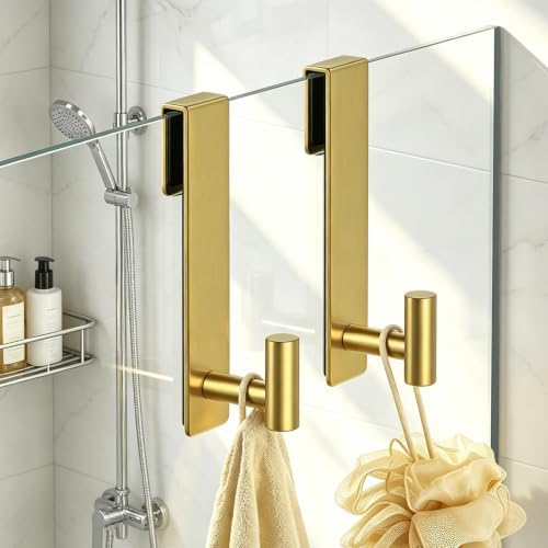 HUFEEOH 2-Pack Over The Door Hooks, Stainless Steel Door Hanger for Towels & Coats, Bathroom Towel Rack Coat Rack, Tool-Free Hooks for Hanging (Gold, Fits 3/8" Thick Door - T Shape 2 Pack) - Image 4