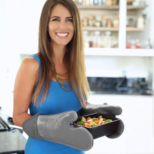 BPA-Free Soft Silicone Oven Mitts - Ultra Heat Resistant Oven Mitts with Thick Cotton Liner - Extra Long Slip Resistant Pot Holders, Flexible Oven Gloves - Gray 14.7" - Image 6