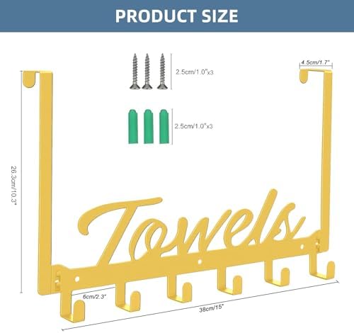 Azmoncy Over The Door Hooks, Towel Hook Towel Rack for Bathroom Towel Holder for Hanging Heavy Duty, Wall Mount Towel Hanger with 6 Hooks for Bedroom Bathroom Kitchen Towels, Bag, Coats, Hats(Gold) - Image 2