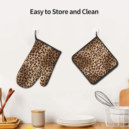 Brown Leopard Oven Mitts and Pot Holders Sets Animal Prints Oven Mitts Heat Resistant Striped Spots Kitchen Gloves Hot Pads Two Piece Set for Cooking Baking Grilling BBQ - Image 6