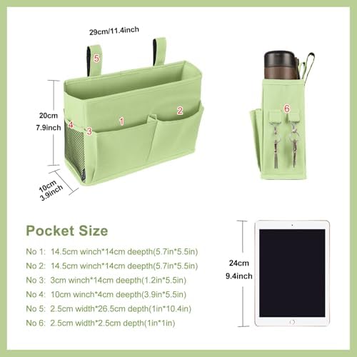 Surblue Bedside Caddy Hanging Bed Organizer Storage Bag Pocket for Bunk and Hospital Beds, College Dorm Rooms Baby Bed Rails, Camp 4 Pockets and 2 Hooks (Small,Sage Green) - Image 2