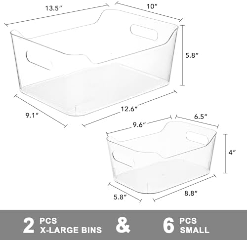 Tiawudi Set of 8 Clear Plastic Storage Bins, 2 Extra Large and 6 Small Storage Containers for Pantry Organization, Multi-Use Organizer Bins for Home, Kitchen, Cabinet, Bathroom, Fridge & Freezer - Image 2