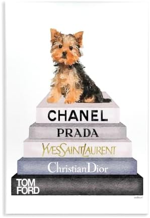 'Watercolor High Fashion Bookstack Yorkie Dog'| Wall Plaque Art by StupellIndustries
