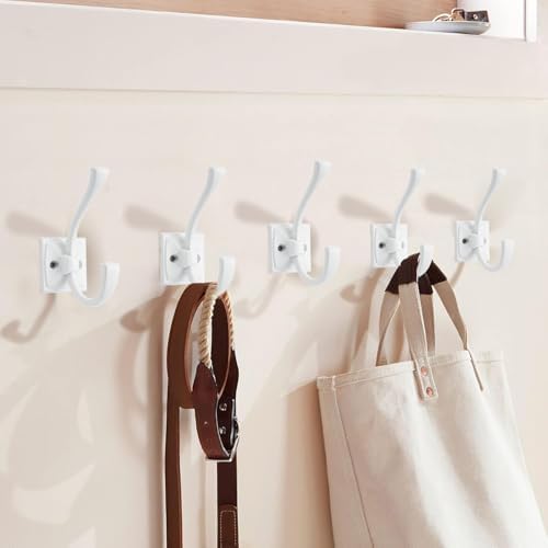 Large Wall Hooks 2 Pack White Coat Hooks Hardware Towel Hooks for Hanging Coats 4.35 Inch Double Robe Hooks Wall Mounted with Screws for Key, Towel, Bags, Cup, Hat - Image 3