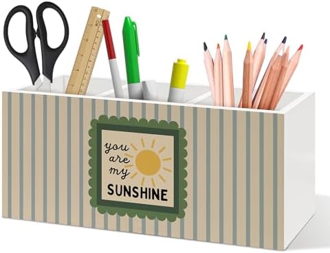Boho Classroom Pen Holder, You Are My Sunshine Office Pen Pencil Holder Organizer for Desk Accessories, Retro Striped Wooden Box Desk Decor for Kids Nursery Room Office Desk Decorations by DUXMNAMG