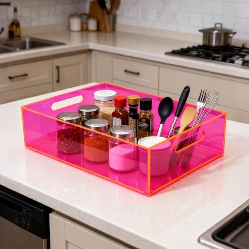 Acrylic Storage Bin Pantry Storage Container with Handles Kitchen Organizer Bin for Cabinet Cupboard Organization, Heavy Duty, 12.6 x 9.4 x 4'', Neon Pink - Image 5