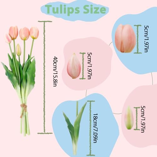 15 Pcs Fall Pink Artificial Tulips Fake Flowers, Premium Latex Lifelike Texture, UV Resistant Waterproof Faux Tulip Bouquets with Snap-on Petals for Outdoor, Home, Wedding Decor - Image 2