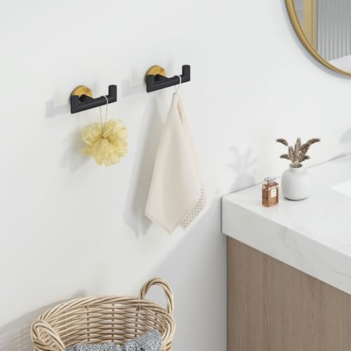 Angle Simple Double Towel Hooks, Bathroom Robe Coat Hook 2 Pack, Black Gold - Image 2