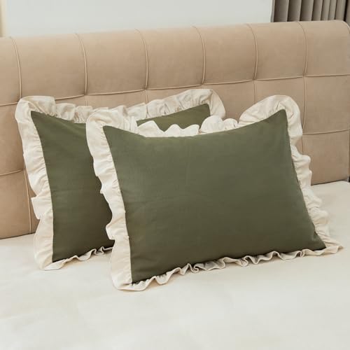 GLORY SEASON Pillow Shams Set of 2 Pure Cotton Champray Ruffled Edge,Thick and Solid Washed Dobby Heavy Fabric (King 20x36 inches) by GLORYSEASON