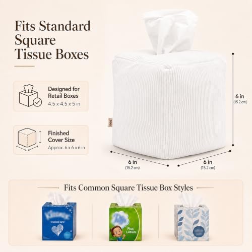TOGI® Corduroy Square Tissue Box Cover - Fits Standard Cube Boxes - White - Image 4