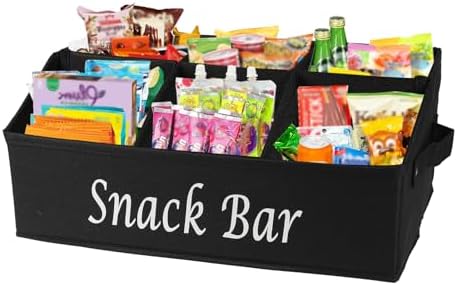 Snack Organizer for Countertop, Trapezoid Fabric Snack Bin Holder with Side Handles, 6 Compartment Snack Basket Container, Lightweight Snack Bar Station Organizer, Kitchen Pantry Storage-Black by Gdfjiy