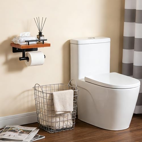 Toilet Paper Holder with Wood Shelf, Wall Mount Toilet Paper Roll Holder with Wooden Shelf and Matte Black Stainless Steel Pipe, Tissue Roll Holder for Bathroom Washroom (Light Brown, 7.9'' x 5.9'') - Image 5