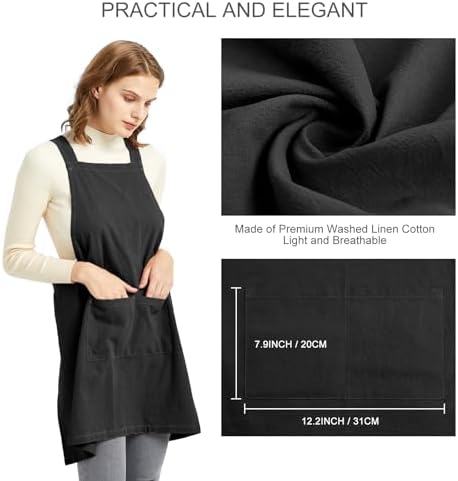 ELEZAY Aprons for Women with Pockets Plus Size Comfort Cross Back No Tie Cotton Linen Apron Pinafore - Image 4