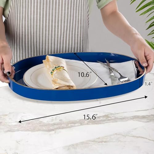 MAONAME Blue Decorative Tray, Oval Plastic Serving Tray with Handles - Image 3