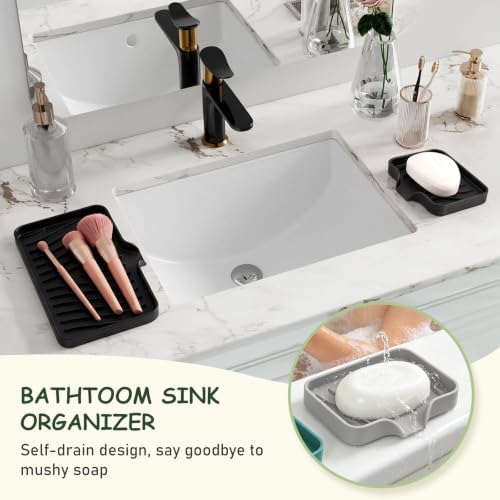Silicone Soap Dish with Drain Spouts, Bar Soap Holder, Self-Draining Sink Organizer Kitchen Sponge Tray, Non-Slip Dispensers for Bathroom, Kitchen (Light Green, 1 Long + 2 Short) - Image 3