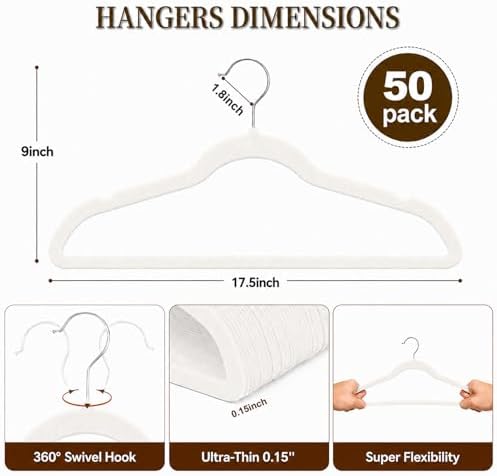 Velvet Felt Hangers 50 Pack, Non Slip, Slim, Space Saving, White - Image 5